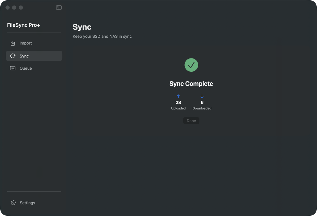 FileSync Pro — sync complete with 28 uploaded and 6 downloaded