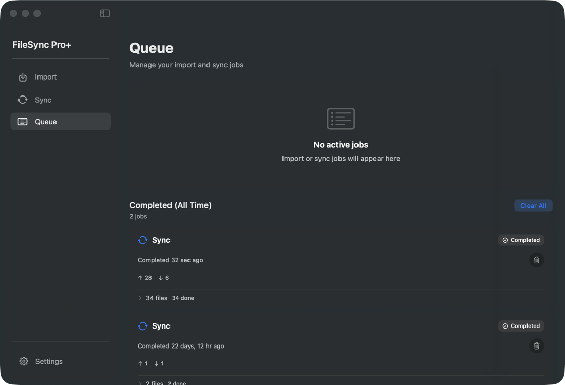 FileSync Pro Queue view — persistent job tracking