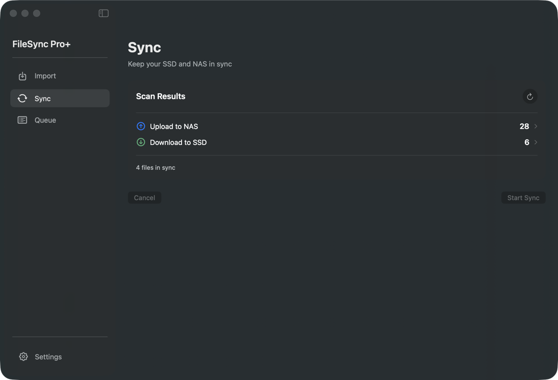 FileSync Pro Sync view — bidirectional SSD and NAS sync